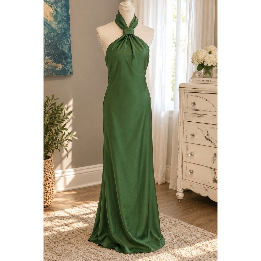 Betsy & Adam Esmerelda Moss Green Satin Halter Gown Size 8 NWT $259 Formal